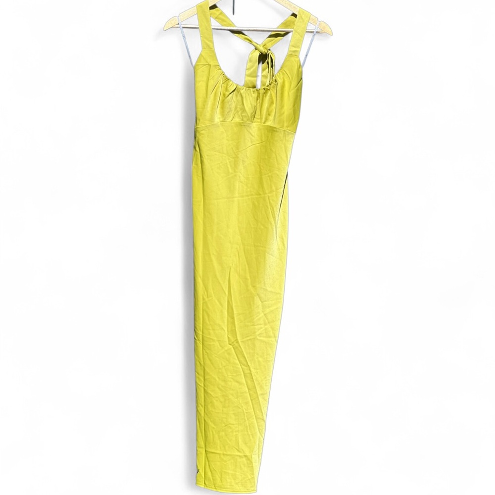 Lulus Certainly Glorious Chartreuse Satin Backless Midi Slip Dress NWT - Picture 2 of 11